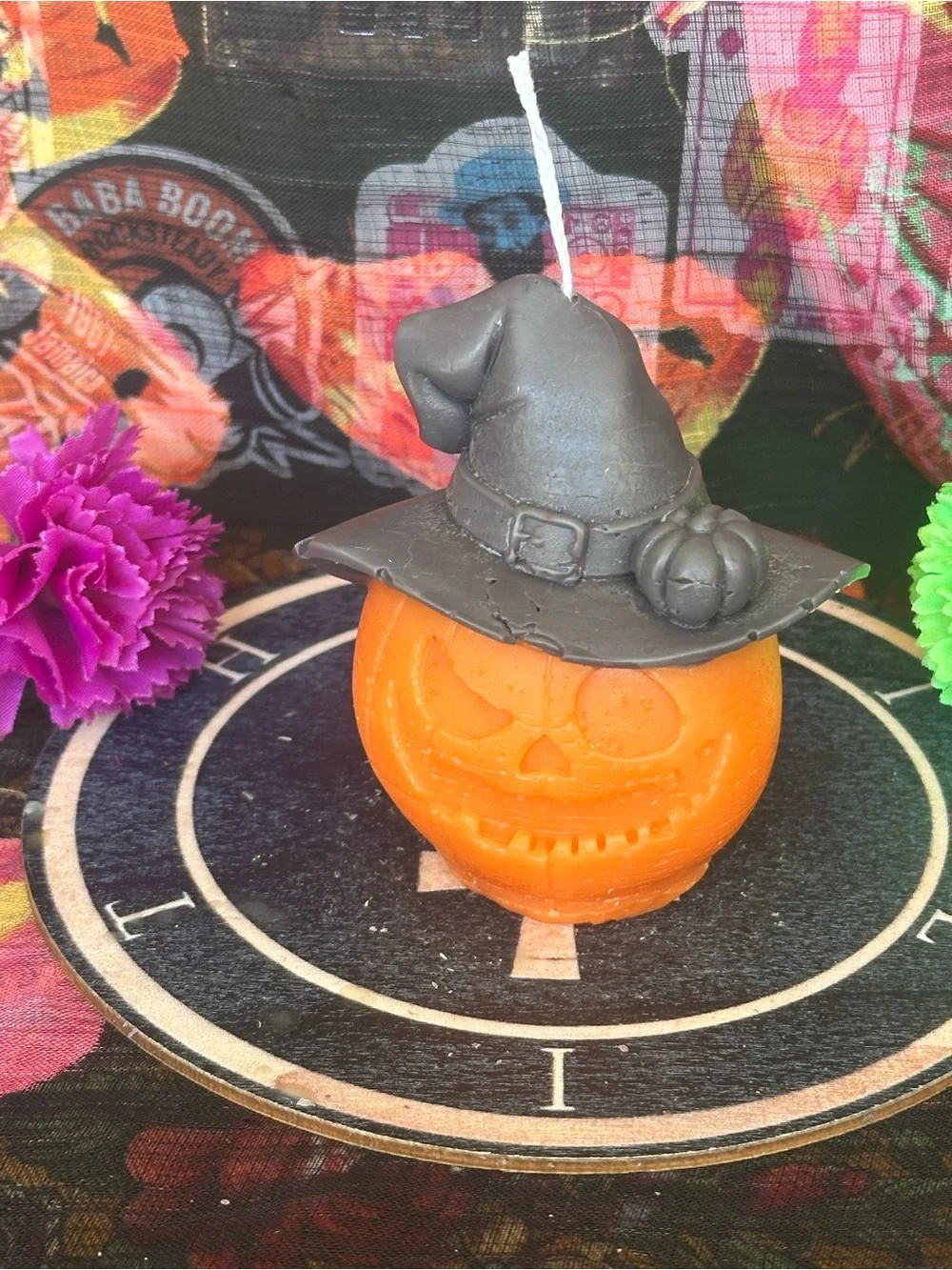 Hand Crafted Orange Pumpkin Candle with Black Witch Hat